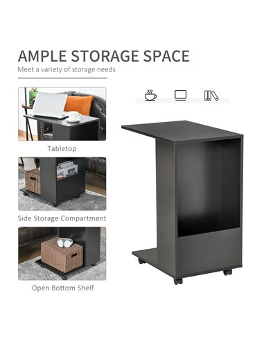 HOMCOM Mobile Sofa Side Table C-Shape End Table with Storage and Casters for Laptop Coffee Snack, Black