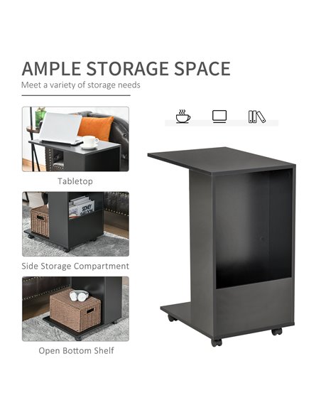HOMCOM Mobile Sofa Side Table C-Shape End Table with Storage and Casters for Laptop Coffee Snack, Black - pic 24247 | FastDaddyshop