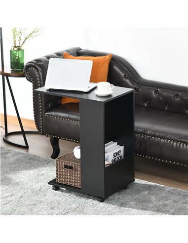 HOMCOM Mobile Sofa Side Table C-Shape End Table with Storage and Casters for Laptop Coffee Snack, Black