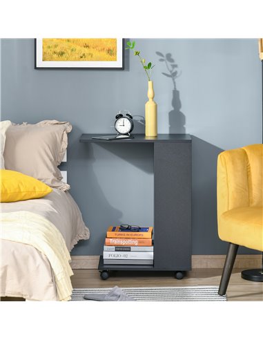 HOMCOM Mobile Sofa Side Table C-Shape End Table with Storage and Casters for Laptop Coffee Snack, Black