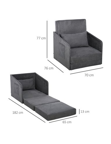 HOMCOM Single Sofa Bed Armchair with Pillow and Pocket, Grey