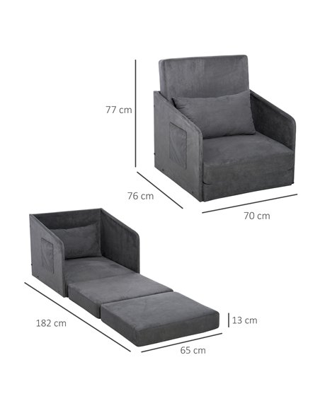 HOMCOM Single Sofa Bed Armchair with Pillow and Pocket, Grey - pic 24254 | FastDaddyshop