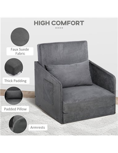 HOMCOM Single Sofa Bed Armchair with Pillow and Pocket, Grey