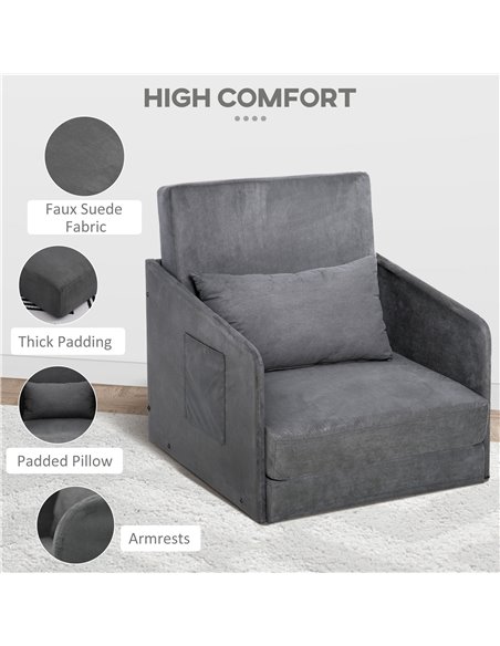 HOMCOM Single Sofa Bed Armchair with Pillow and Pocket, Grey - pic 24255 | FastDaddyshop