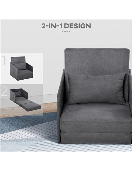 HOMCOM Single Sofa Bed Armchair Soft Floor Sleeper Lounger Futon Couch w/ Pillow and Pocket Grey - pic 24256 | FastDaddyshop