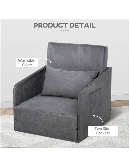 HOMCOM Single Sofa Bed Armchair Soft Floor Sleeper Lounger Futon Couch w/ Pillow and Pocket Grey - pic 24257 | FastDaddyshop