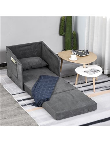 HOMCOM Single Sofa Bed Armchair Soft Floor Sleeper Lounger Futon Couch w/ Pillow and Pocket Grey