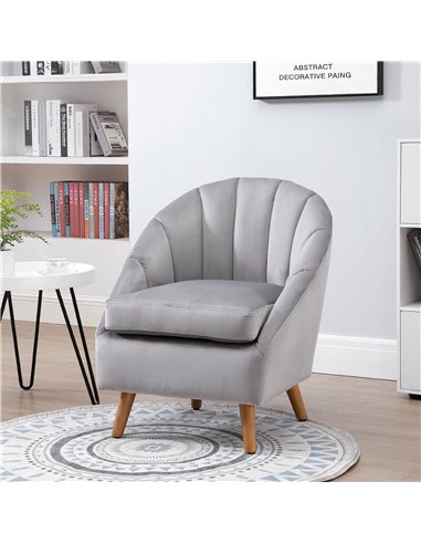 HOMCOM Velvet Fabric Single Sofa, Armchair with Solid Wood Legs, Grey