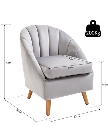 HOMCOM Velvet Fabric Single Sofa, Armchair with Solid Wood Legs, Grey