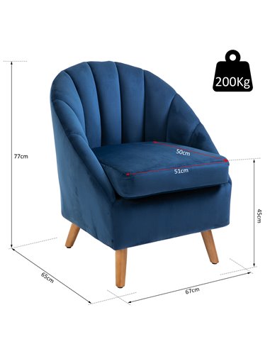 HOMCOM Velvet Fabric Single Sofa, Armchair with Solid Wood Legs, Blue
