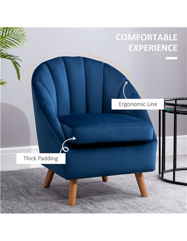 HOMCOM Velvet Fabric Single Sofa, Armchair with Solid Wood Legs, Blue