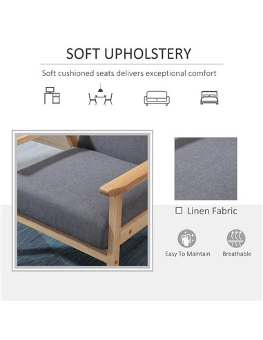 HOMCOM Minimalistic Armchair with Wood Frame, Thick Linen Cushions, Grey