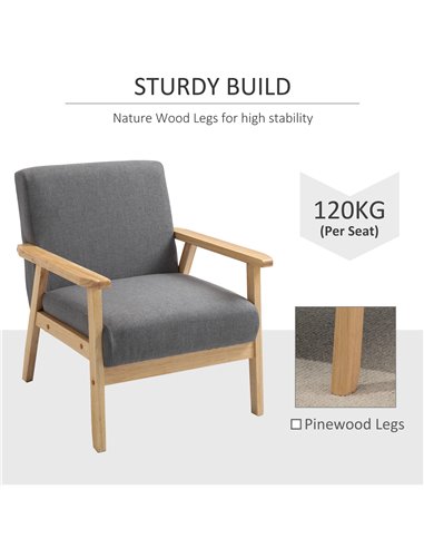 HOMCOM Minimalistic Accent Chair Wood Frame w/Thick Linen Cushions Wide Seat Mid Century Armchair Home Furniture Bedroom Office 
