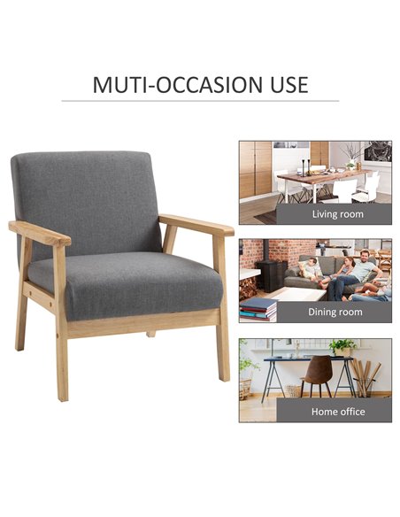 HOMCOM Minimalistic Accent Chair Wood Frame w/Thick Linen Cushions Wide Seat Mid Century Armchair Home Furniture Bedroom Office  - pic 24311 | FastDaddyshop