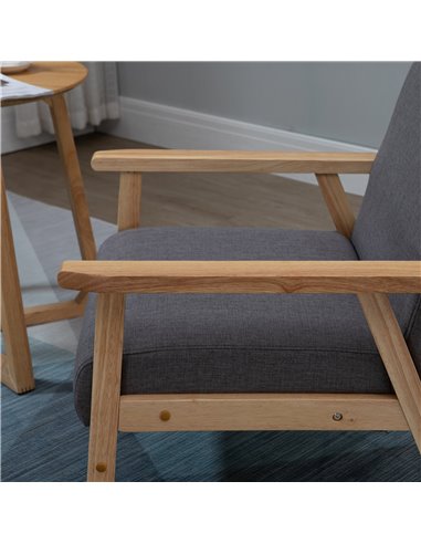 HOMCOM Minimalistic Accent Chair Wood Frame w/Thick Linen Cushions Wide Seat Mid Century Armchair Home Furniture Bedroom Office 