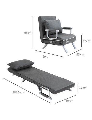 HOMCOM Modern 2-In-1 Design Single Sofa Bed, Foldable Armchair with Pillow, Dark Grey