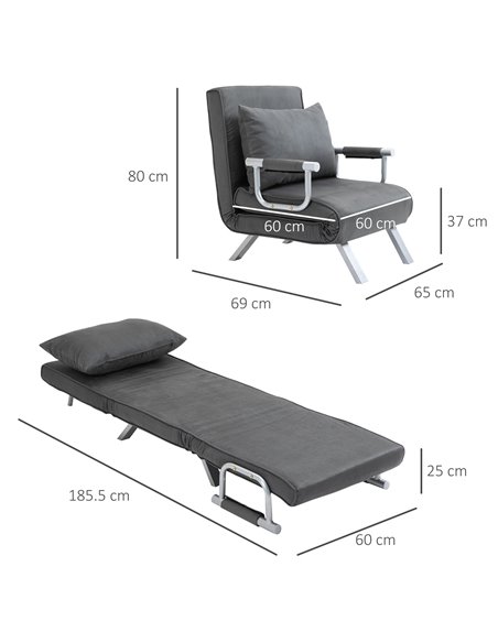 HOMCOM Modern 2-In-1 Design Single Sofa Bed, Foldable Armchair with Pillow, Dark Grey - pic 24317 | FastDaddyshop