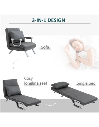 HOMCOM Modern 2-In-1 Design Single Sofa Bed, Foldable Armchair with Pillow, Dark Grey