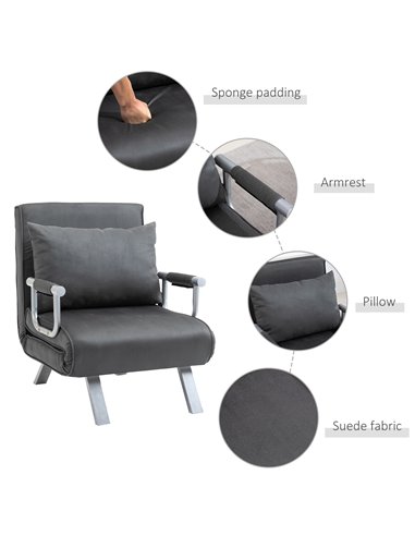 HOMCOM Modern 2-In-1 Design Single Sofa Bed, Foldable Armchair with Pillow, Dark Grey
