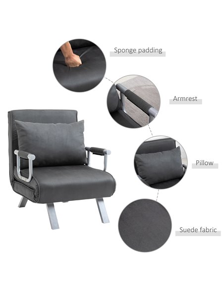 HOMCOM Modern 2-In-1 Design Single Sofa Bed, Foldable Armchair with Pillow, Dark Grey - pic 24320 | FastDaddyshop