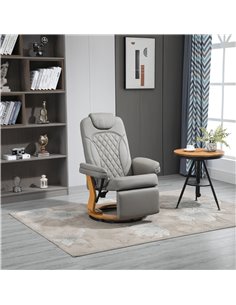HOMCOM PU Recliner Chair with Footrest, Headrest, Round Wood Base, Lounge Reading Armchair, Grey 2