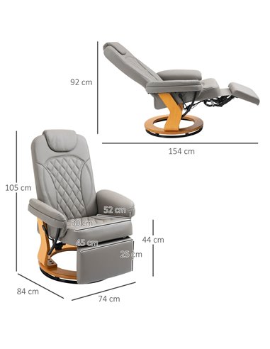 HOMCOM PU Recliner Chair with Footrest, Headrest, Round Wood Base, Lounge Reading Armchair, Grey