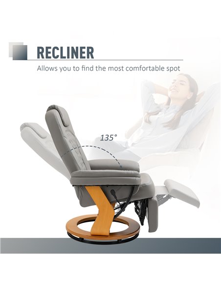 HOMCOM PU Recliner Chair with Footrest, Headrest, Round Wood Base, Lounge Reading Armchair, Grey - pic 24336 | FastDaddyshop