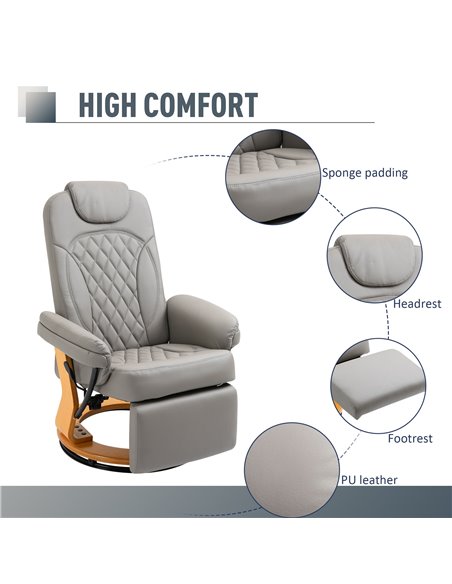 HOMCOM PU Recliner Chair with Footrest, Headrest, Round Wood Base, Lounge Reading Armchair, Grey - pic 24337 | FastDaddyshop