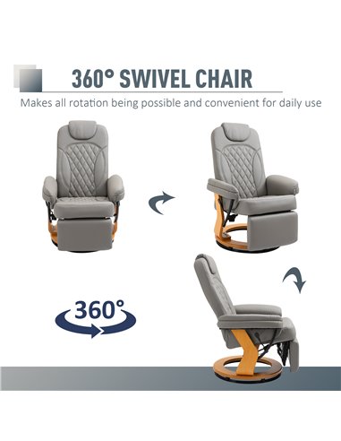 HOMCOM PU Recliner Chair with Footrest, Headrest, Round Wood Base, Lounge Reading Armchair, Grey