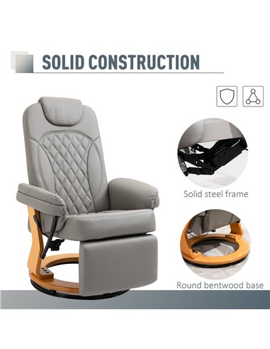 HOMCOM PU Recliner Chair with Footrest, Headrest, Round Wood Base, Lounge Reading Armchair, Grey