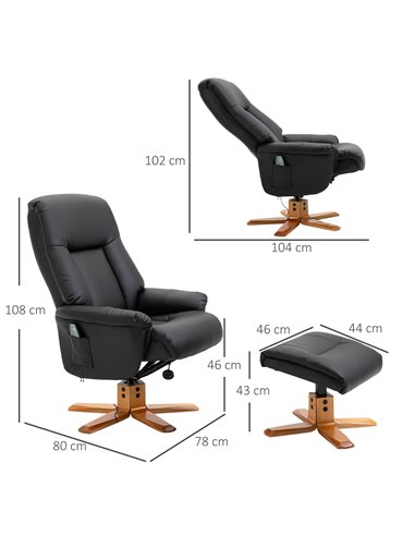 HOMCOM 10-Point Massage PU Leather Sofa Armchair with Footrest Stool Recliner, Black