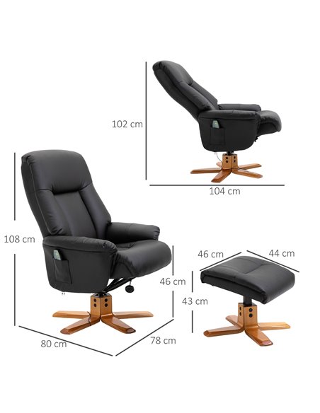 HOMCOM 10-Point Massage PU Leather Sofa Armchair with Footrest Stool Recliner, Black - pic 24380 | FastDaddyshop
