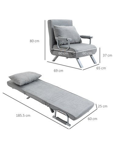 HOMCOM Modern 2-In-1 Design Single Sofa Bed, Foldable Armchair with Pillow, Light Grey