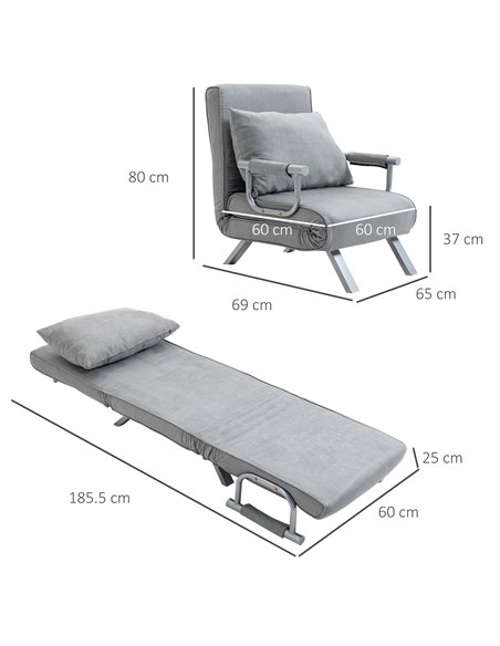 HOMCOM Modern 2-In-1 Design Single Sofa Bed, Foldable Armchair with Pillow, Light Grey - pic 24389 | FastDaddyshop