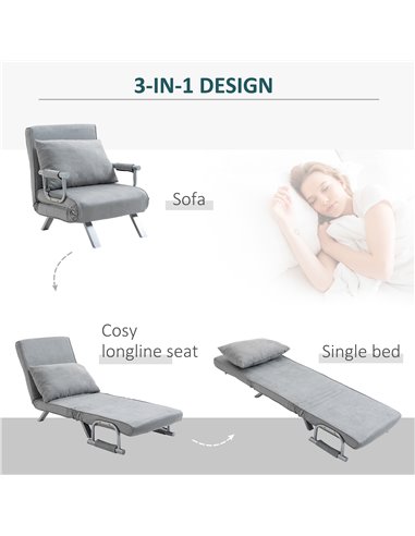 HOMCOM Modern 2-In-1 Design Single Sofa Bed, Foldable Armchair with Pillow, Light Grey