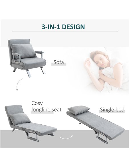HOMCOM Modern 2-In-1 Design Single Sofa Bed, Foldable Armchair with Pillow, Light Grey - pic 24391 | FastDaddyshop