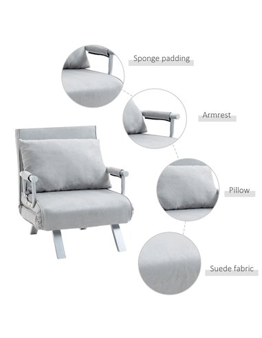 HOMCOM Modern 2-In-1 Design Single Sofa Bed, Foldable Armchair with Pillow, Light Grey