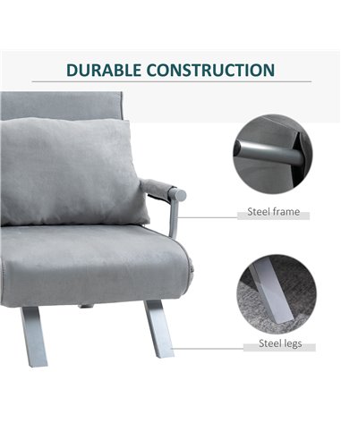 HOMCOM Modern 2-In-1 Design Single Sofa Bed, Foldable Armchair with Pillow, Light Grey