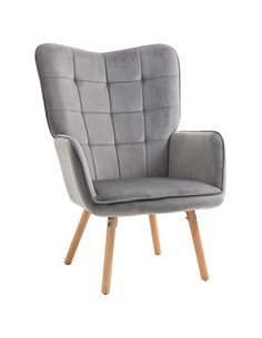 HOMCOM Modern Accent Chair, Velvet-Touch Tufted Wingback Armchair with Wood Legs, Grey