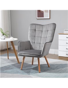 HOMCOM Modern Accent Chair, Velvet-Touch Tufted Wingback Armchair with Wood Legs, Grey 2