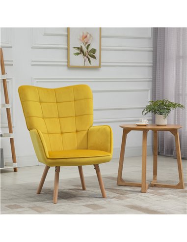 HOMCOM Modern Accent Chair, Velvet-Touch Tufted Wingback Armchair with Wood Legs, Yellow
