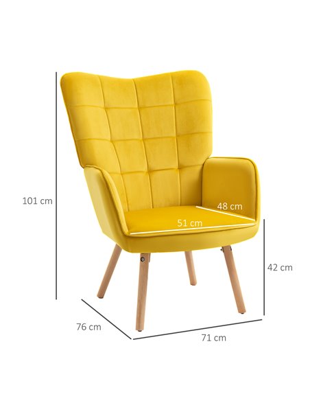 HOMCOM Modern Accent Chair, Velvet-Touch Tufted Wingback Armchair with Wood Legs, Yellow - pic 24443 | FastDaddyshop