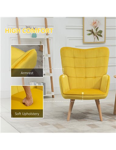 HOMCOM Modern Accent Chair, Velvet-Touch Tufted Wingback Armchair with Wood Legs, Yellow