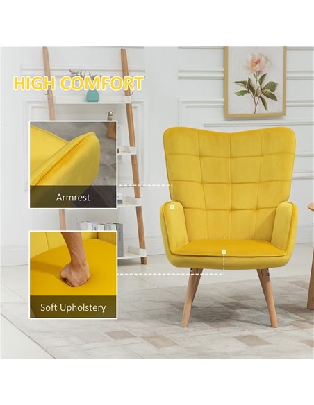 HOMCOM Modern Accent Chair, Velvet-Touch Tufted Wingback Armchair with Wood Legs, Yellow - pic 24444 | FastDaddyshop