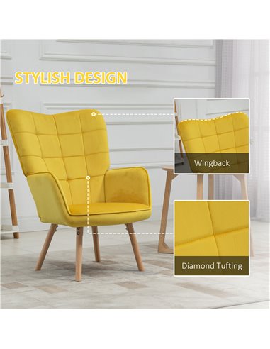 HOMCOM Modern Accent Chair, Velvet-Touch Tufted Wingback Armchair with Wood Legs, Yellow