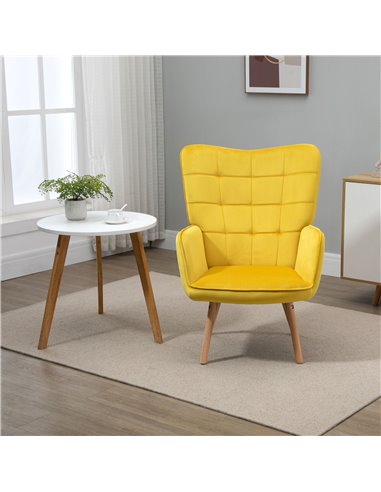 HOMCOM Modern Accent Chair, Velvet-Touch Tufted Wingback Armchair with Wood Legs, Yellow