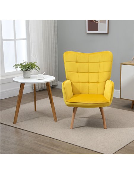HOMCOM Modern Accent Chair, Velvet-Touch Tufted Wingback Armchair with Wood Legs, Yellow - pic 24446 | FastDaddyshop