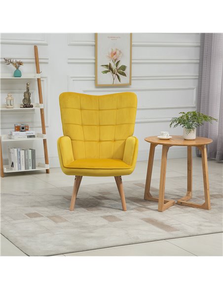 HOMCOM Modern Accent Chair, Velvet-Touch Tufted Wingback Armchair with Wood Legs, Yellow - pic 24447 | FastDaddyshop