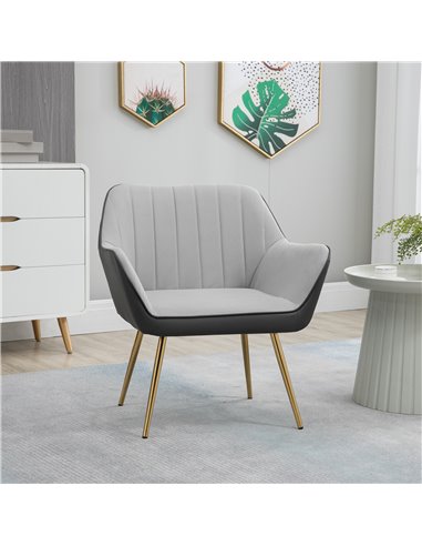 HOMCOM Modern Velvet Armchairs with Gold Steel Legs, Light Grey