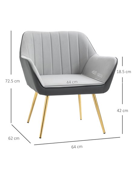 HOMCOM Modern Velvet Armchairs with Gold Steel Legs, Light Grey - pic 24461 | FastDaddyshop